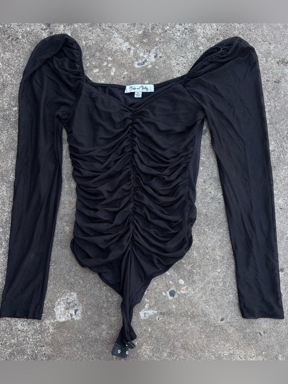 Ruched Black Long-Sleeve Square Neck Bodysuit